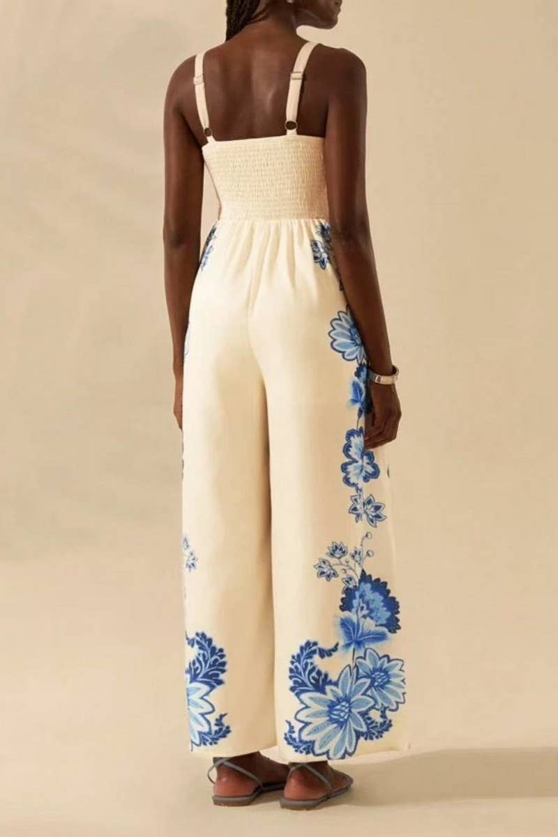 CWSJS1705_V-NECK TRENDY FLORAL CAMI WIDE LEG JUMPSUIT