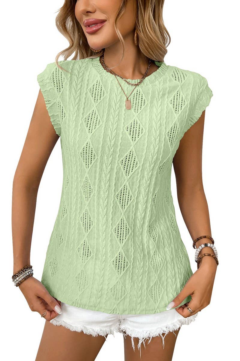 CWTBLS1615_ROUND NECK JACQUARD LOOSE T-SHIRT VEST