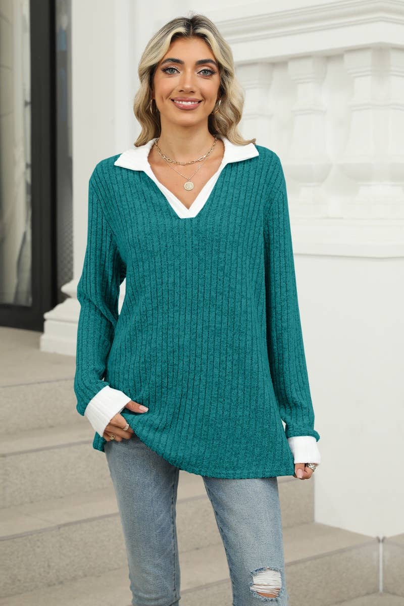CWOSWL6610_WINTER V-NECK LONG-SLEEVED LAPEL SWEATER