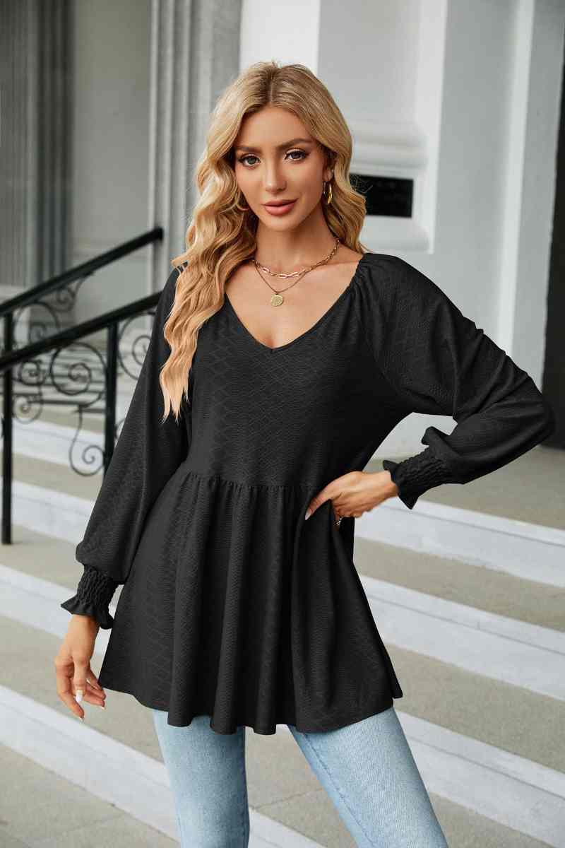 CWTBLL2836_V-NECK LONG SLEEVE PATCHWORK DRESS TOP