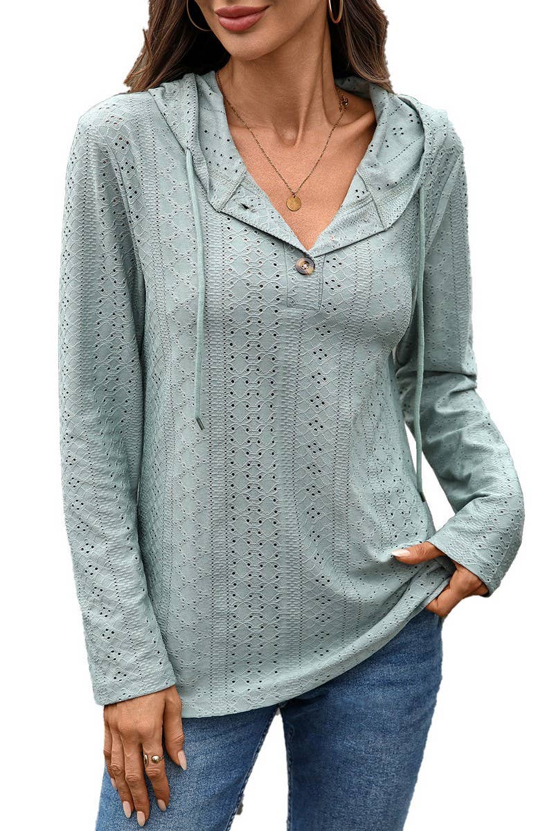 CWTTL01000_SOLID COLOR BUTTON HOODED LOOSE LONG-SLEEVED TOP