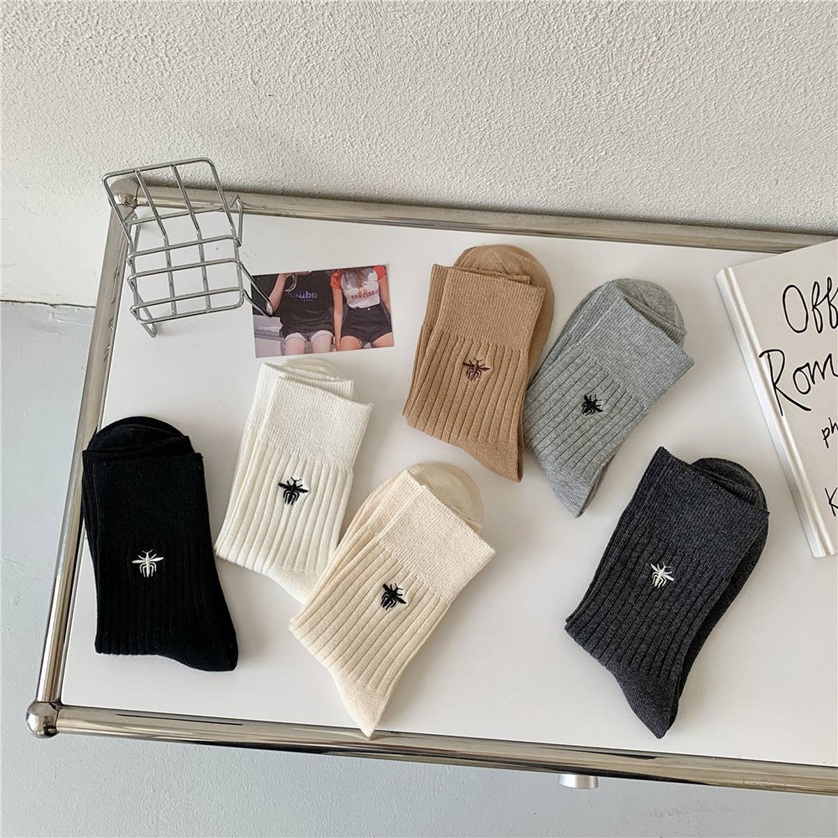 EMBROIDERED MID-CALF VERTICAL KNITTED PILE SOCKS