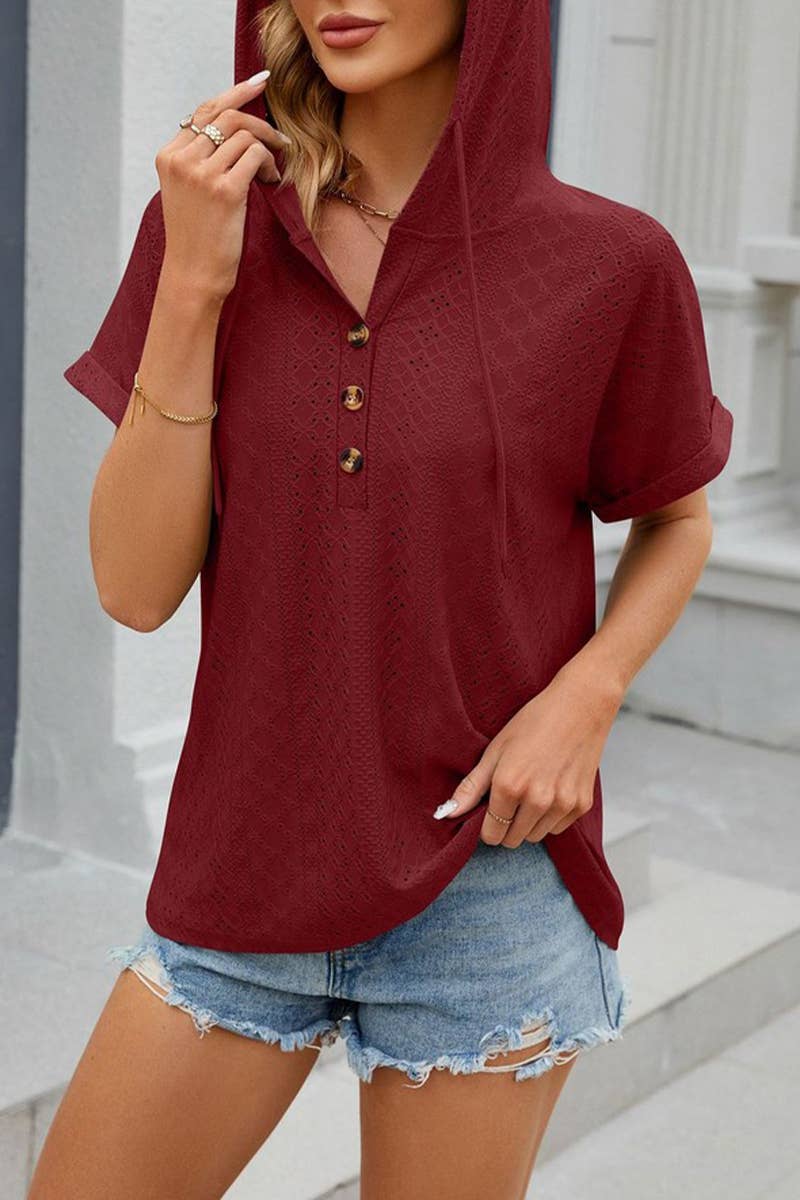 CWTTS1351_SUMMER BUTTON HOODED SHORT-SLEEVED T-SHIRT