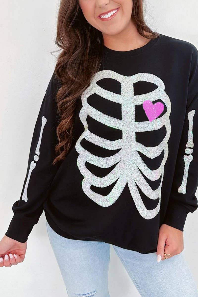 CWTBLL01245_HALLOWEEN SEQUIN SKELETON LONG SLEEVE SWEATSHIRT