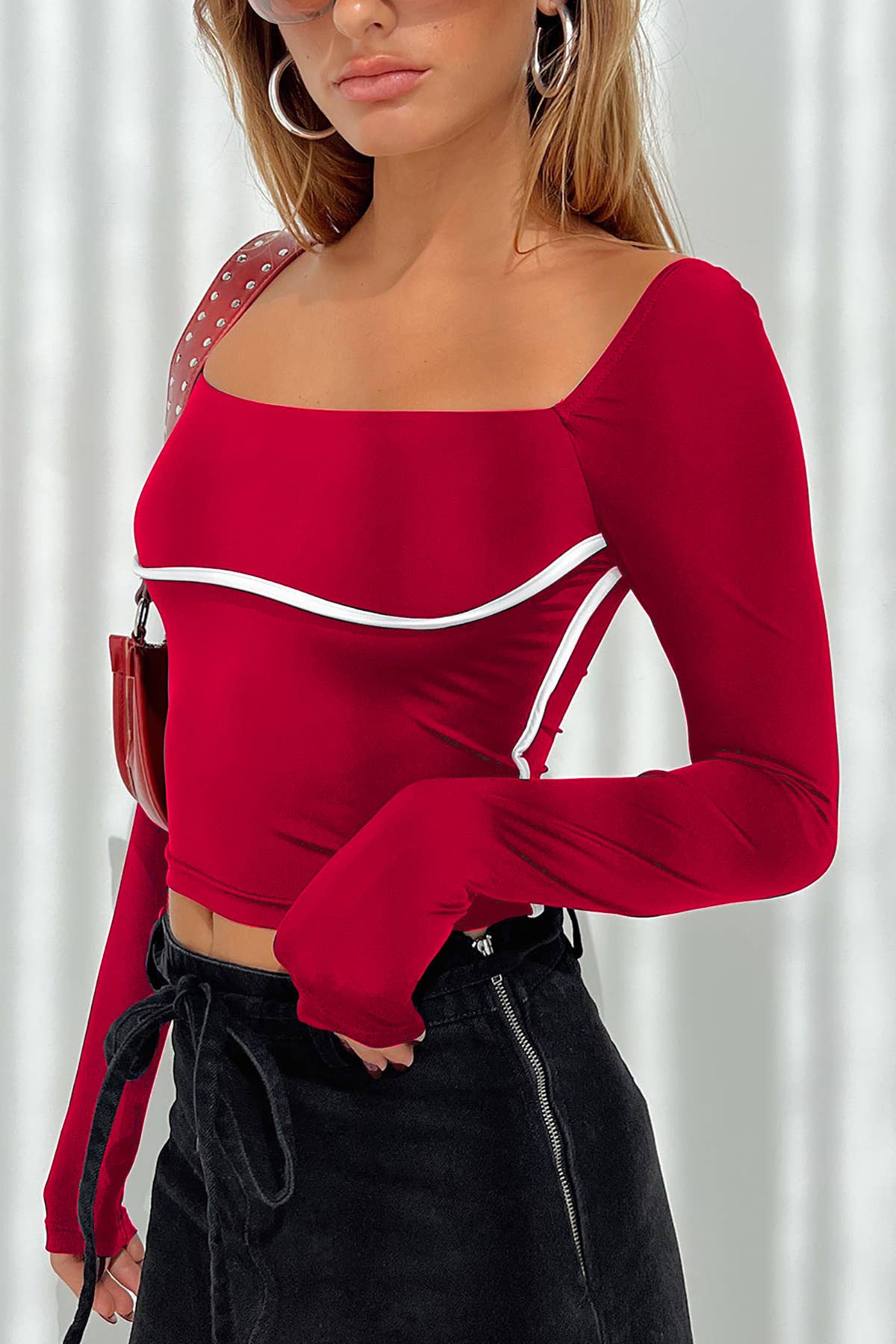 COLOR CONTRAST PATCHWORK SQUARE COLLAR SLIM SHIRT