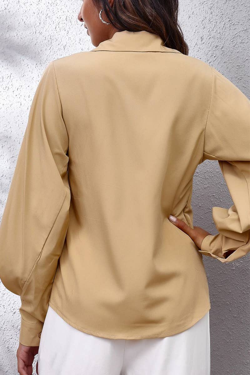 CWTBLL3758_SOLID COLOR LAPEL LANTERN SLEEVE CHIFFON SHIRT