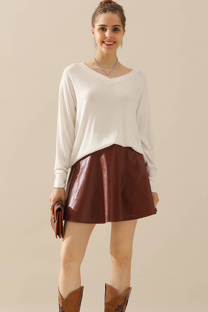 CWTTL1408_Long Sleeve Loose V-Neck Pullover Top
