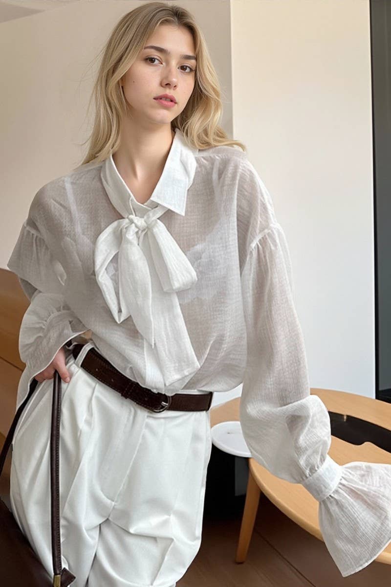 CWTSTL906_SEXY SEE-THROUGH WHITE TENCEL LACE-UP SHIRT