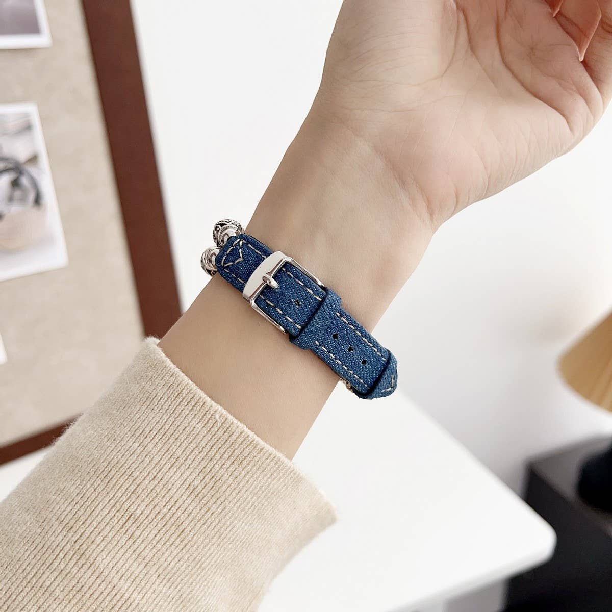 IWATCH9-1 14MM TIBETAN SILVER DENIM LEATHER STRAP