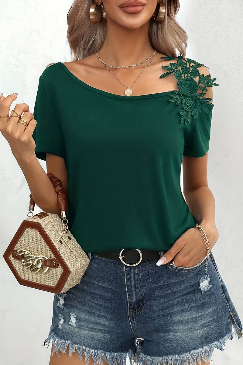 CWTBLS1538_SOLID COLOR STITCHING LACE SHORT-SLEEVED TOP