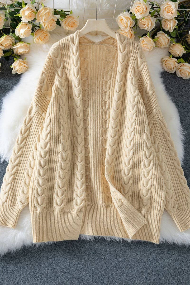 CWOCAL2364_CABLE KNIT LONGLINE LOOSE CARDIGAN SWEATER