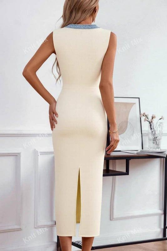 CWDSD8801_KNIT TEXTURE SLEEVELESS V-NECK SPLIT DRESS