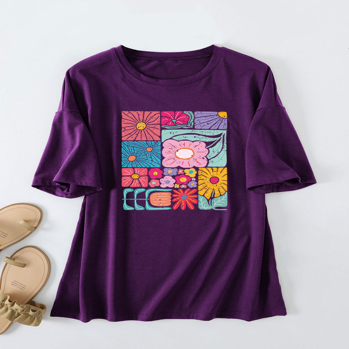 Women?™s Loose Fit Tee with Colorful Flowers_CWTTS1466