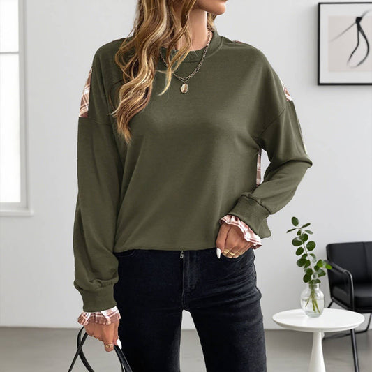 Checkered patchwork round-neck pullover hoodie