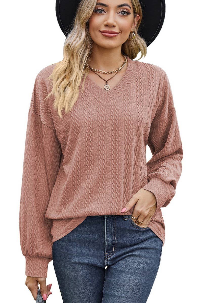 CWTBLL0498_V-neck Pullover Long Sleeve Top