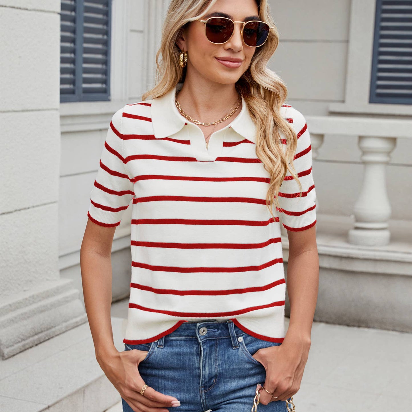 CASUAL COLOR STRIPED SWEATER WITH LAPEL NECK