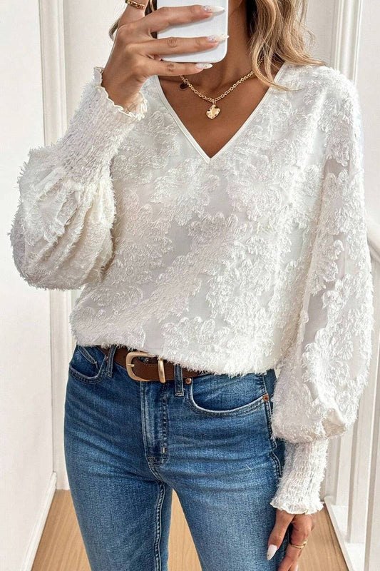 CWTBLL3535_V-NECK LANTERN SLEEVE EMBROIDERED WHITE SHIRT TOP
