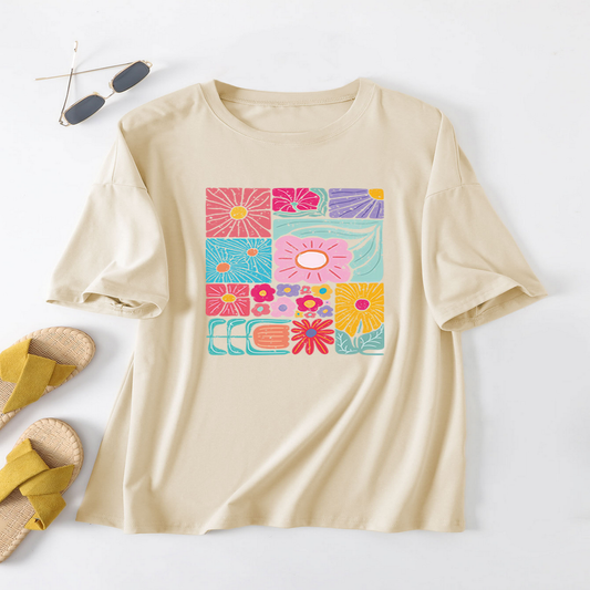Women?™s Loose Fit Tee with Colorful Flowers_CWTTS1466