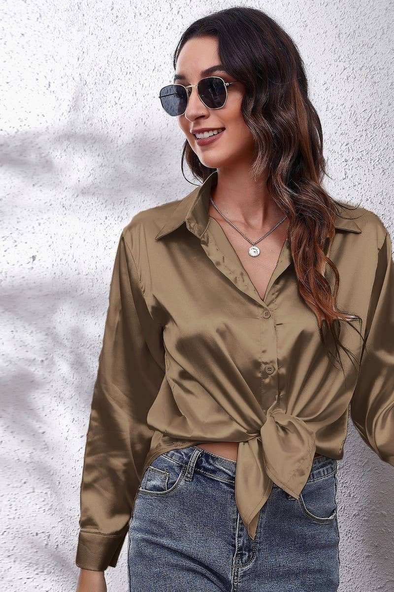CWTBLL0691_Button Down Silky Satin Long Sleeve Top