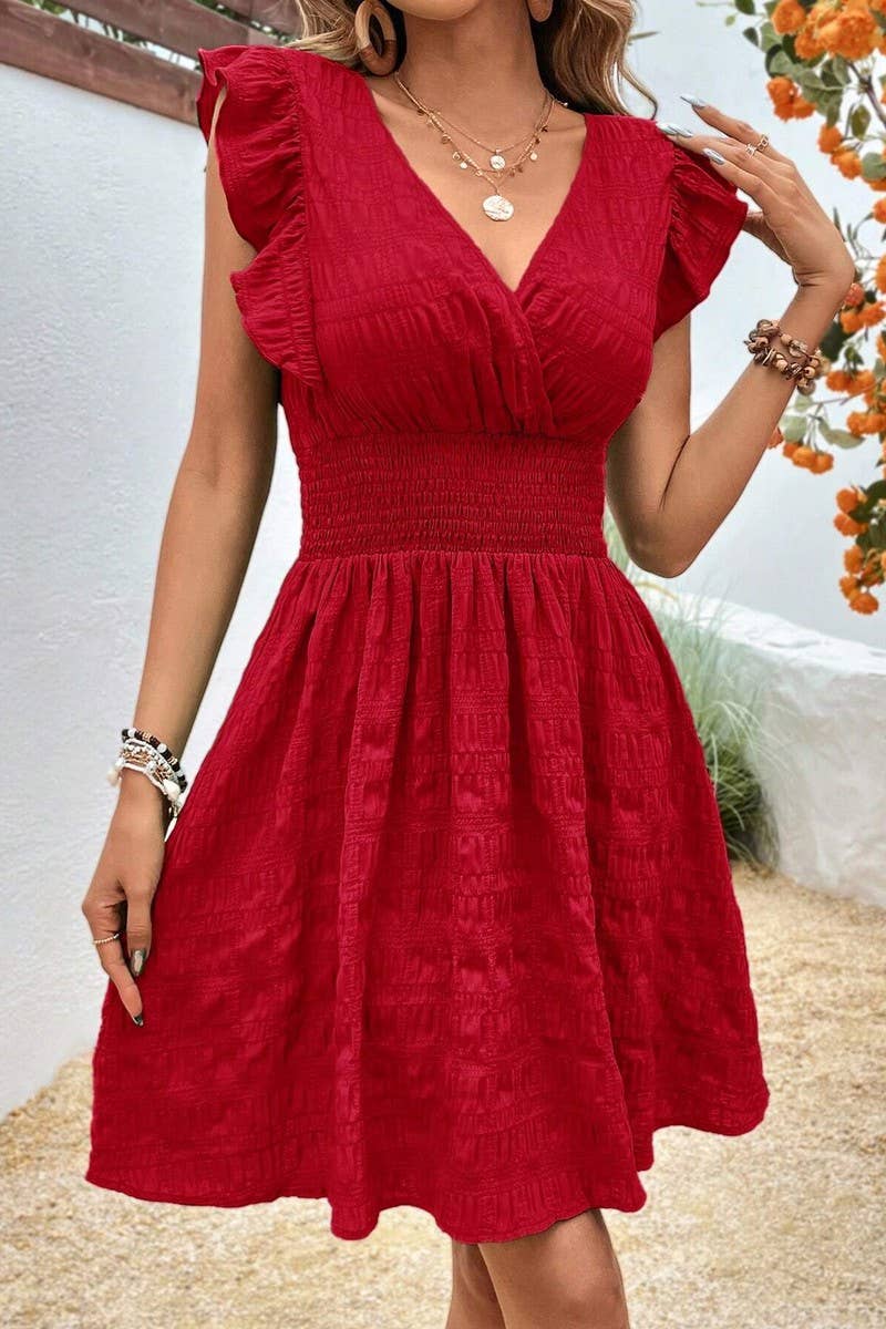 CWDSD8282_NEW SUMMER V-NECK PLEATED DRESS