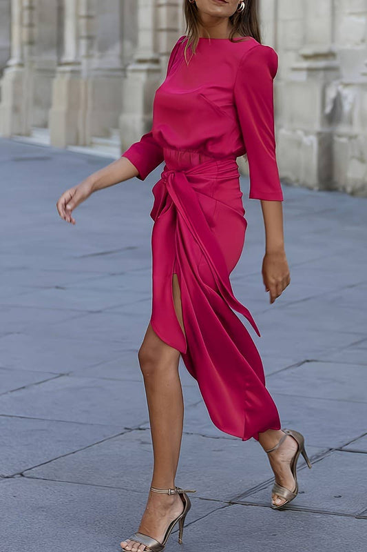 CWDMD01218_SOLID COLOR THREE-QUARTER SLEEVE TIE DRESS