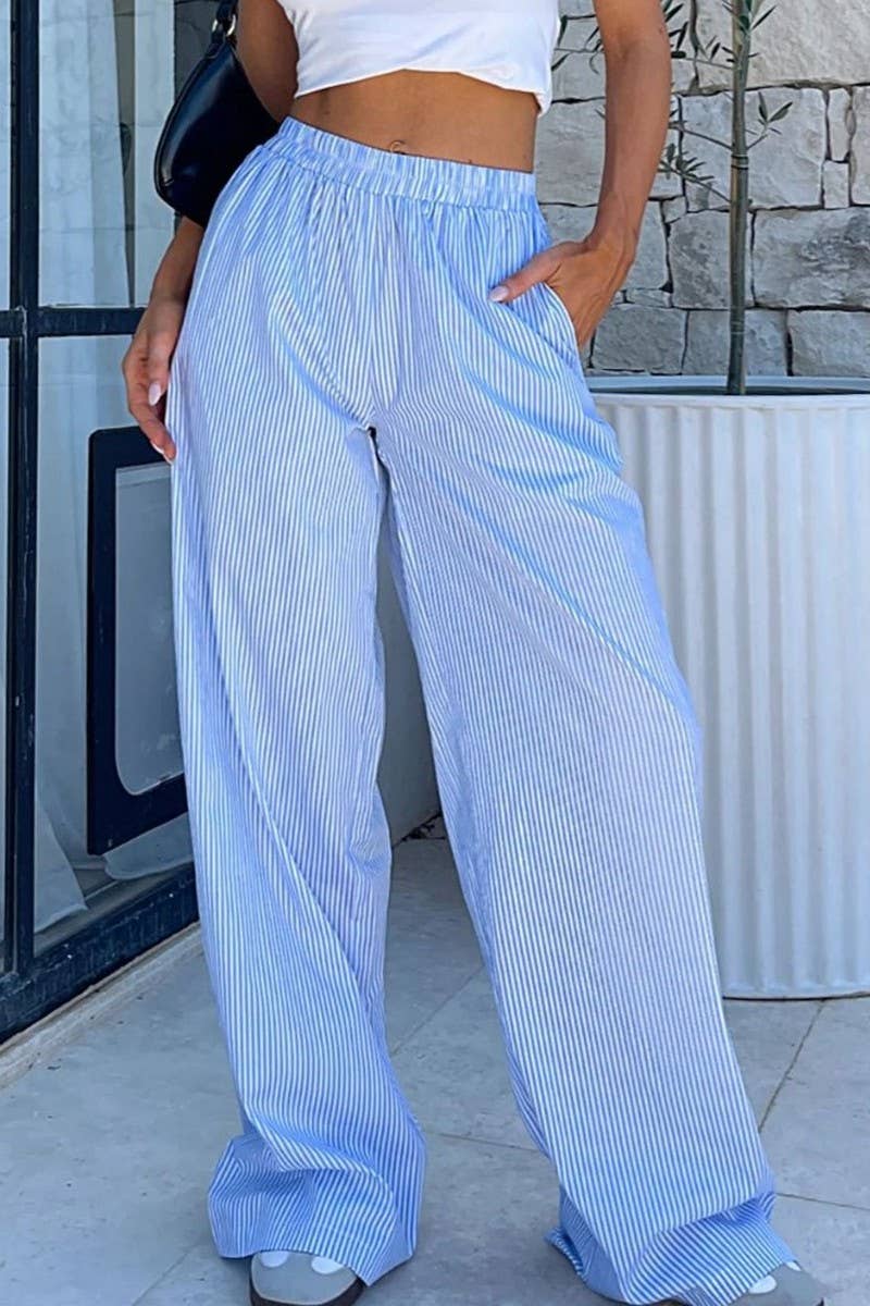 CWBLP1595_CASUAL STRIPED PRINT LOOSE WIDE-LEG TROUSERS