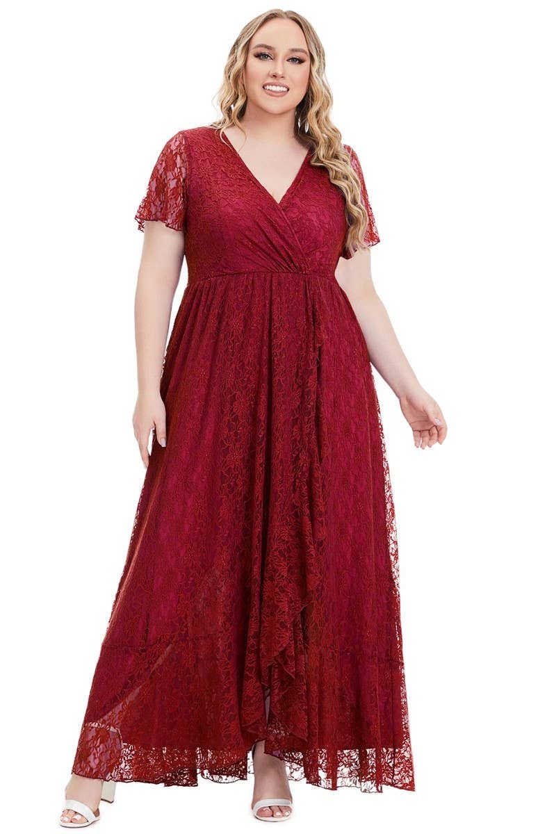 CWDMD3206_PLUS SIZE V-NECK LACE LONG EVENING DRESS