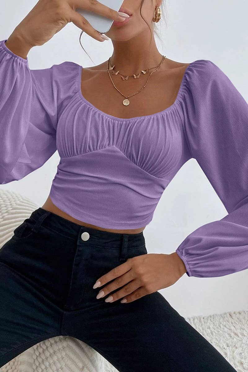 CWTBLL2226_SQUARE NECK LANTERN SLEEVES SHORT SOLID COLOR TOP