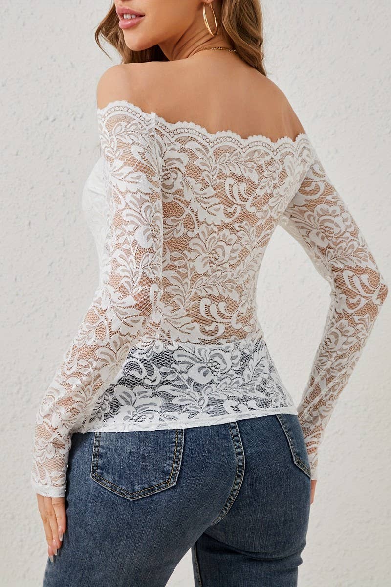 CWTBLL3469_SCALLOP NECK OFF SHOULDER LACE LONG SLEEVE TOP
