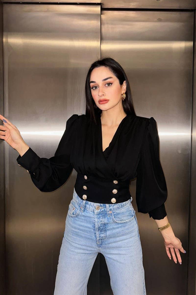 CWTBLL3693_V-NECK SEXY WAIST PUFF SLEEVE SOLID COLOR SHIRT