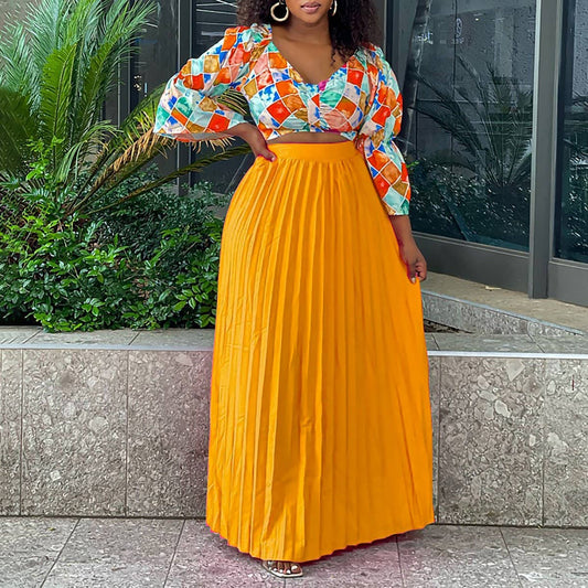 PRINTED TOP PLEATED LONG SKIRT TWO-PIECE SUIT_CWSTB1137