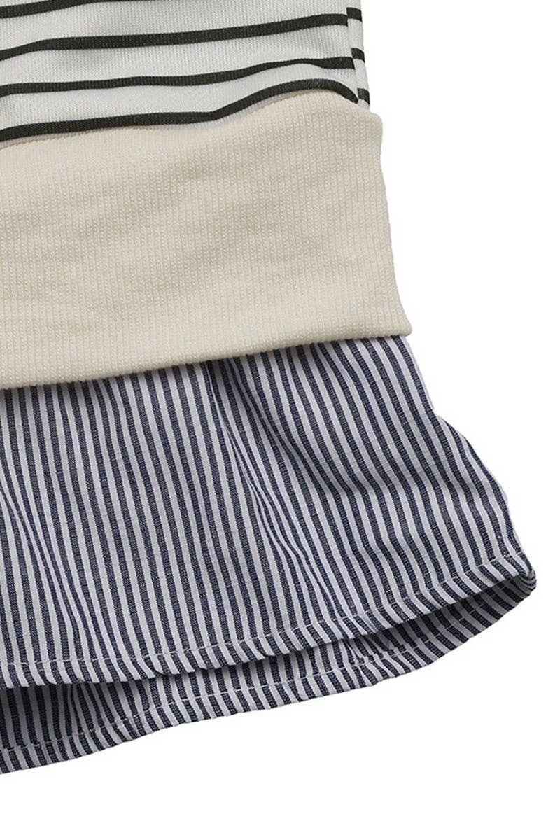 CWTBLL3741_ROUND NECK STRIPED PATCHWORK FAKE TWO-PIECE TOP