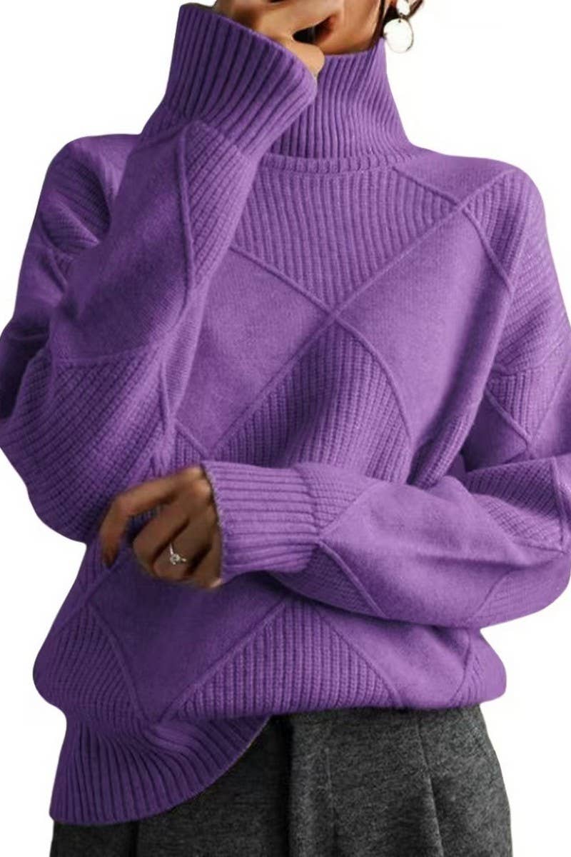 CWOSWL07650_SOLID COLOR HIGH COLLAR DIAMOND CHECK SWEATER