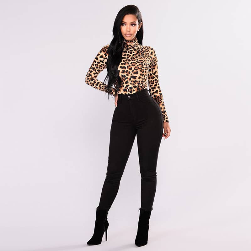 CASUAL HIGH NECK SLIM LEOPARD PRINT T-SHIRT