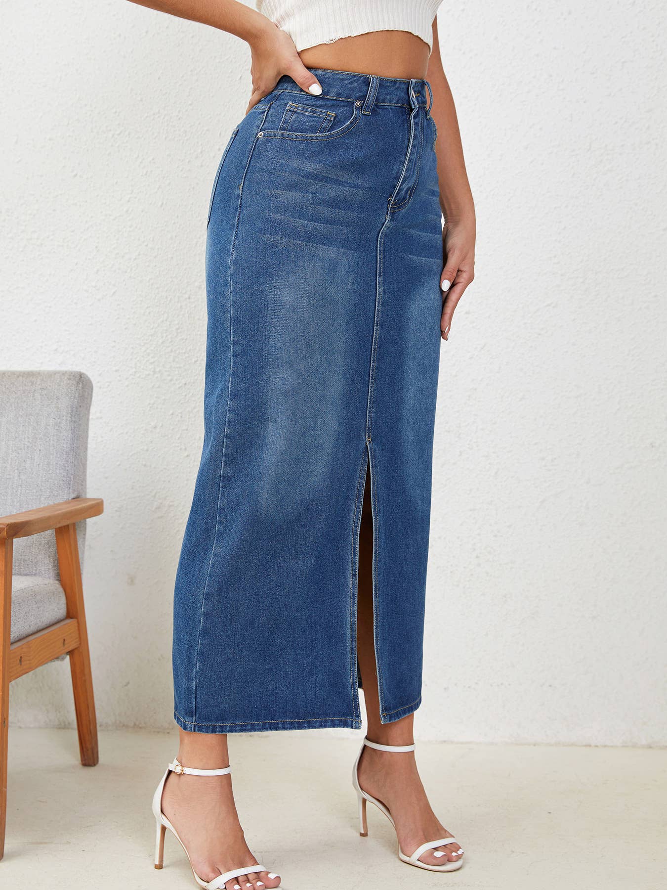 Casual retro straight slit long denim skirt