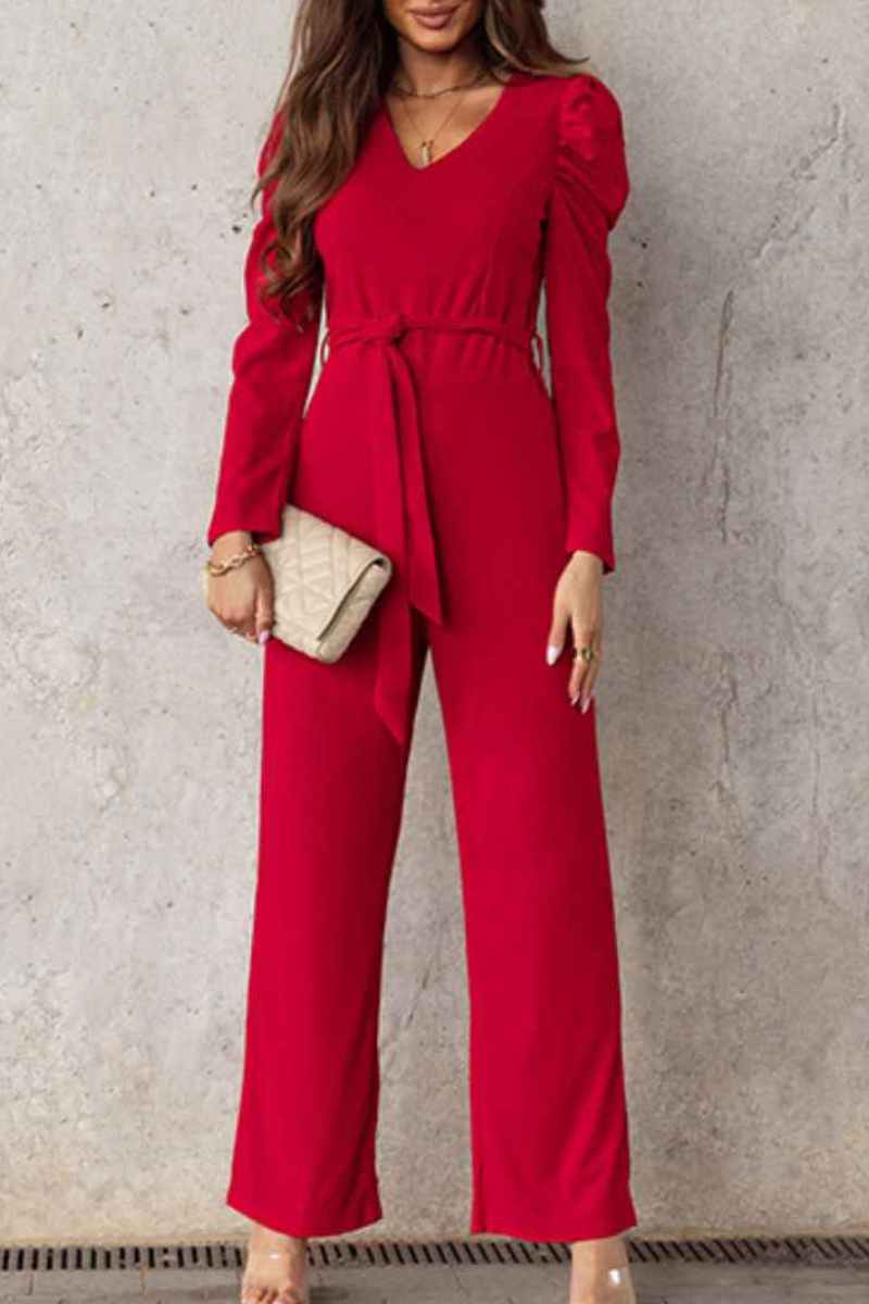 CWSJS1098_V-NECK LONG SLEEVED WAIST ONE-PIECE PANTS