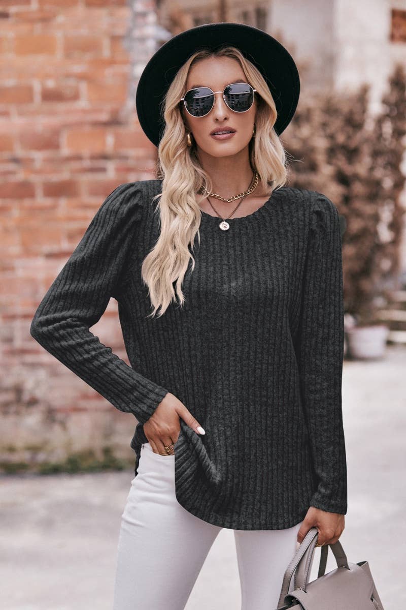 CWOSWL6465_ROUND NECK LONG SLEEVED TOP WITH TRIMMED FUR