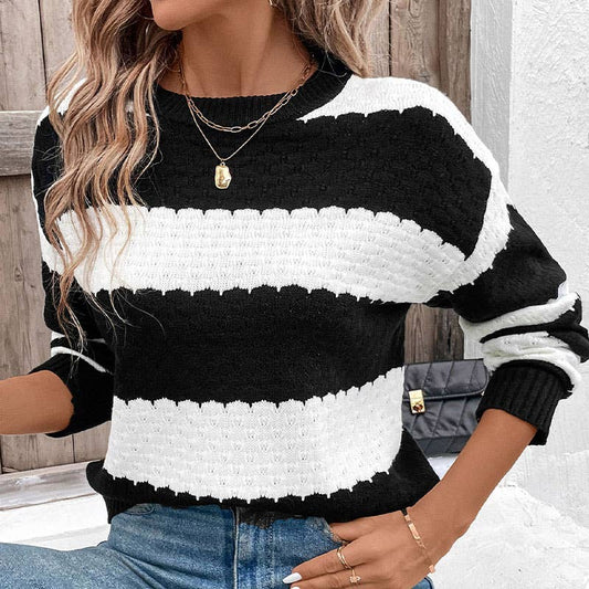 Black and white striped knitted pullover sweater