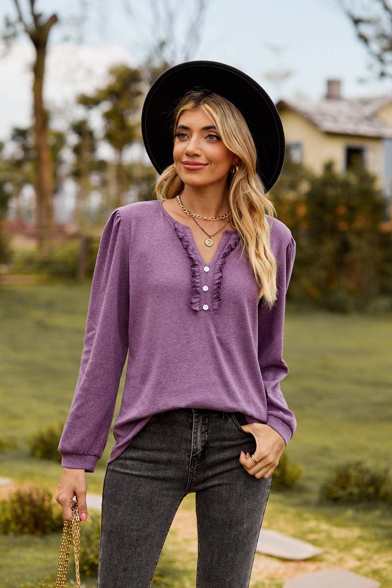 CWTBLL3682_SOLID COLOR V-NECK BUTTON RUFFLED LONG-SLEEVED TO