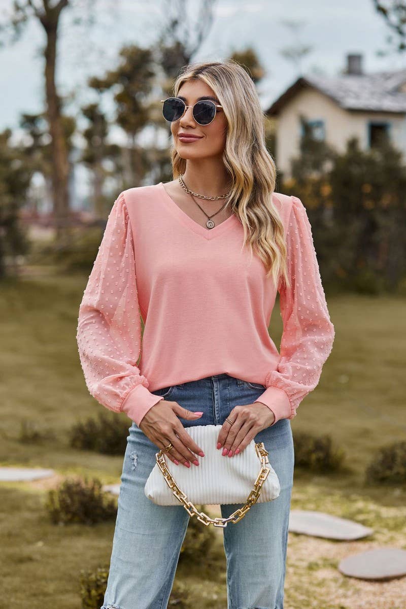 CWTBLL1047_LONG-SLEEVED V-NECK MESH PATCHWORK LOOSE TOP