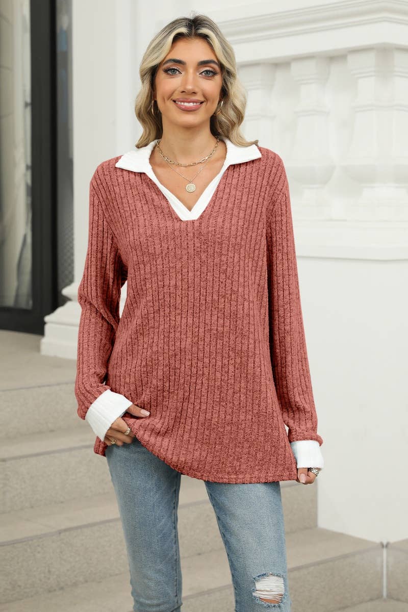 CWOSWL6610_WINTER V-NECK LONG-SLEEVED LAPEL SWEATER