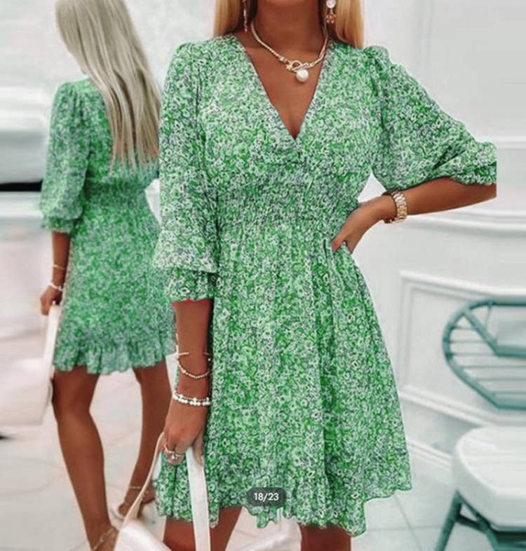 Boho print short sleeve floral mid-length dress