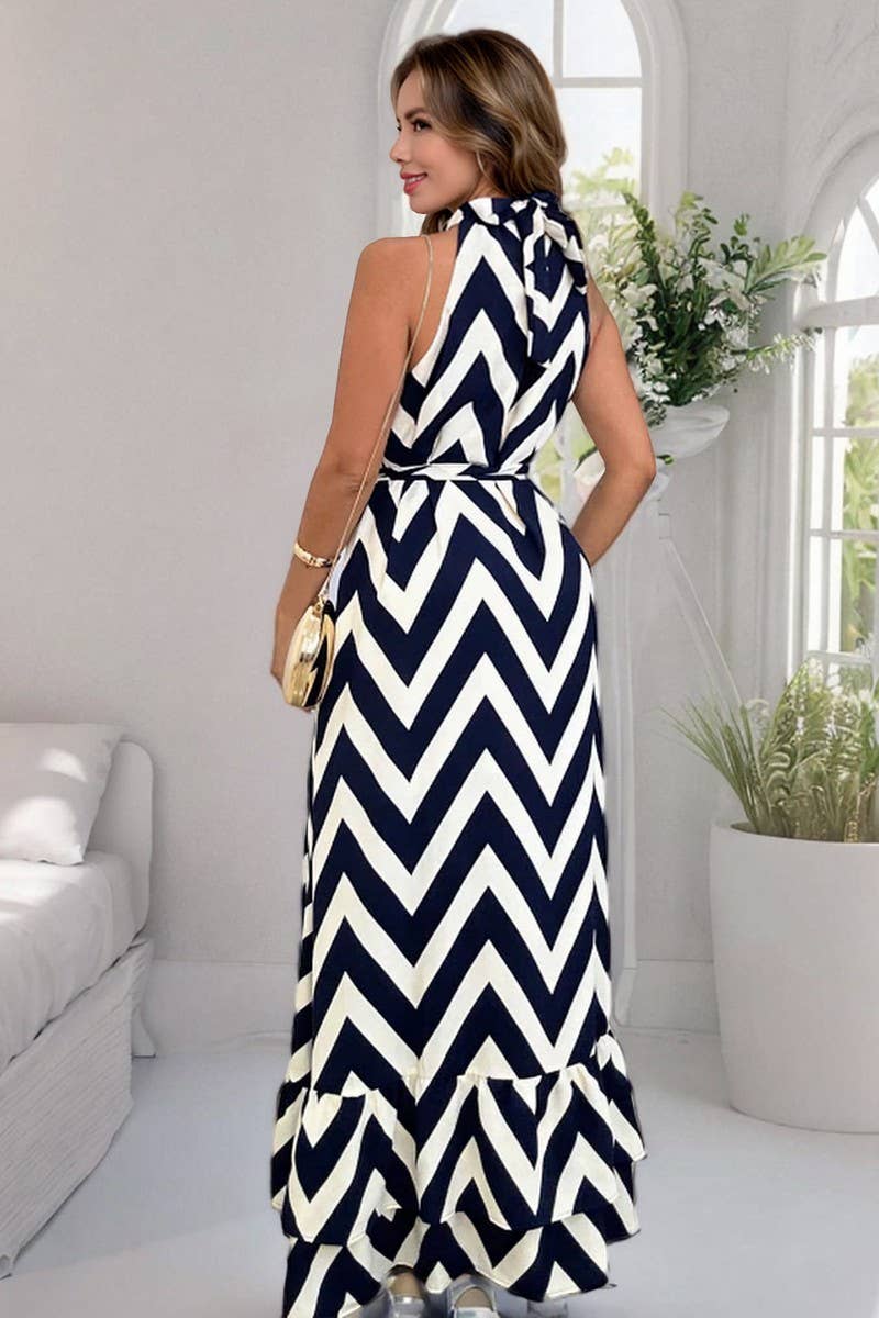 CWDMD6202_SLEEVELESS HIGH NECK WAVE PRINT TIE DRESS