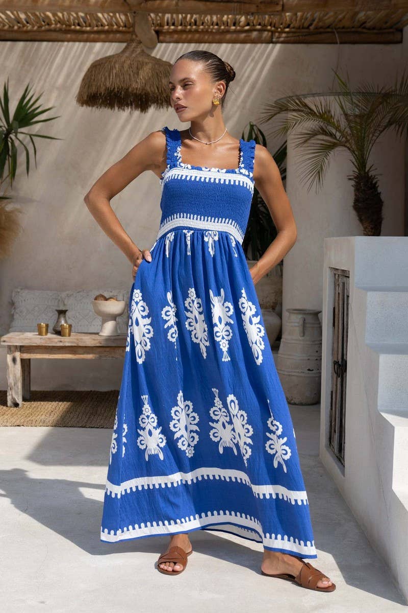 CWDHL1076_SUMMER RESORT STYLE PRINTED SUSPENDER BEACH DRESS