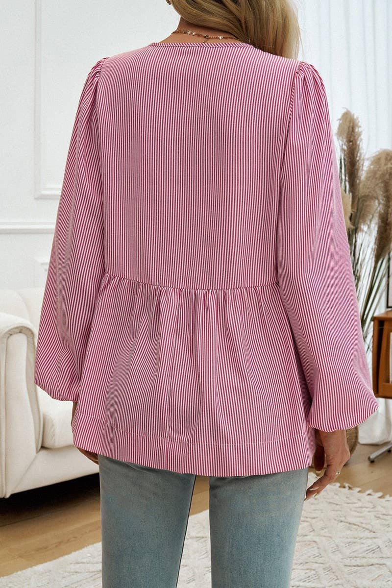 CWTSTL2742_CASUAL LOOSE STRIPED LANTERN SLEEVE TIE SHIRT