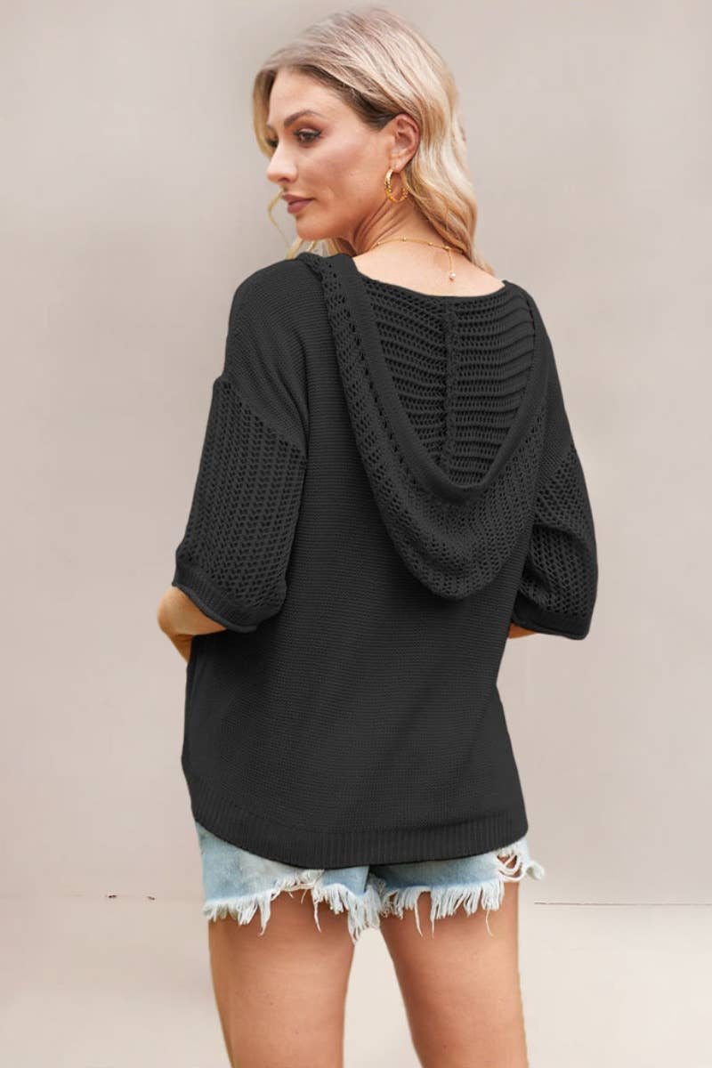 CWTBLS0745_SHORT-SLEEVED CUT-OUT HOODED SWEATER TOP