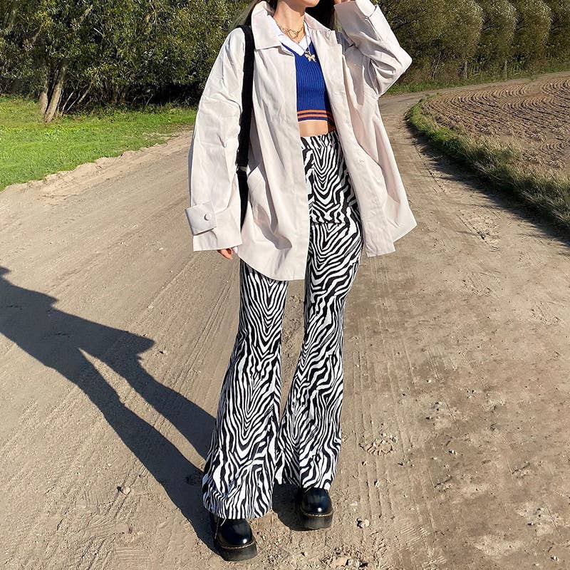 Elastic-waisted zebra-print stretch casual flares
