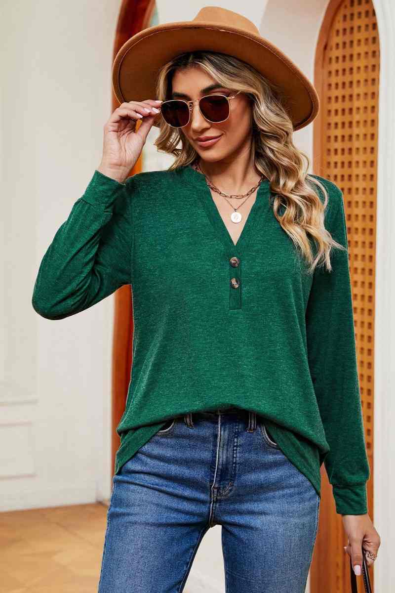 CWTBLL2834_V-NECK BUTTON-UP LONG-SLEEVED BAGGY TOP