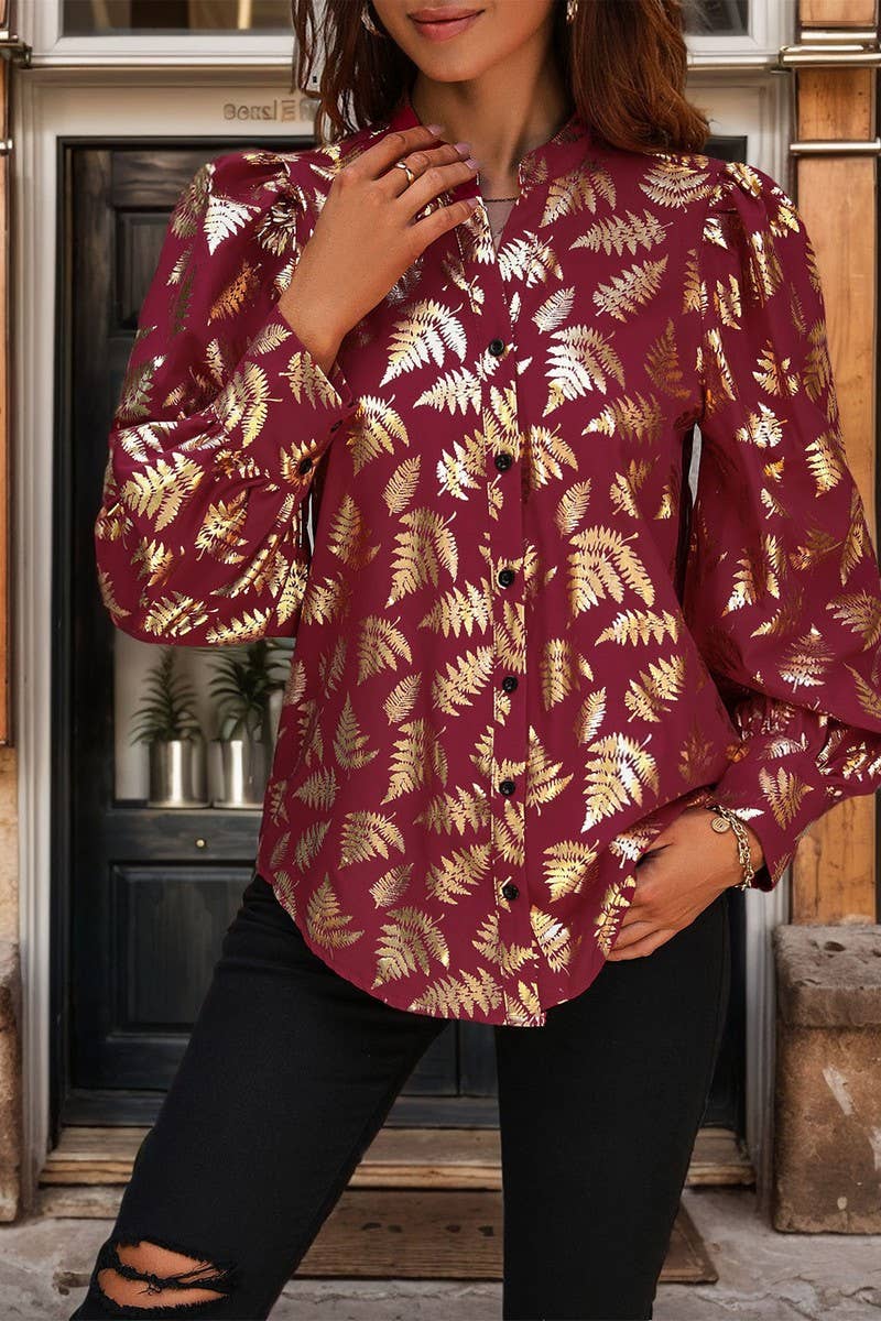 CWTBLL3568_SPRING AND AUTUMN FLORAL GOLD STAMPING SHIRT