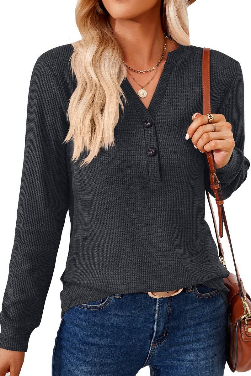 CWTBLL01312_V NECK BUTTON SOLID LONG SLEEVE LOOSE TEE